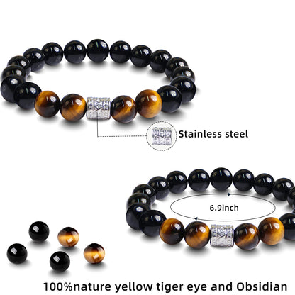 Tiger Eye Obsidian Beaded Bracelets For Men Gemstone Bracelets For Men &Women Fashion Natural Stone Men‘s Jewelry (yellow& black)