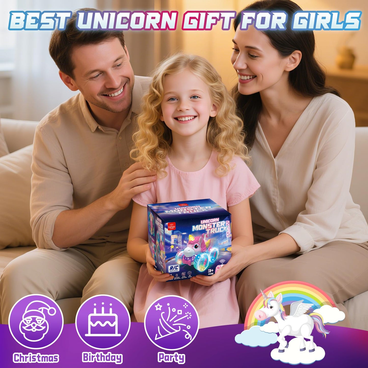 Lehoo Castle Remote Control Car for Girls 360° Rotating, Unicorn Monster Truck with Light & Music, 4WD All Terrain RC Stunt Car Rechargeable, 2.4GHz RC Truck for 3 4 5 6 7 8 Girls Birthday Gift