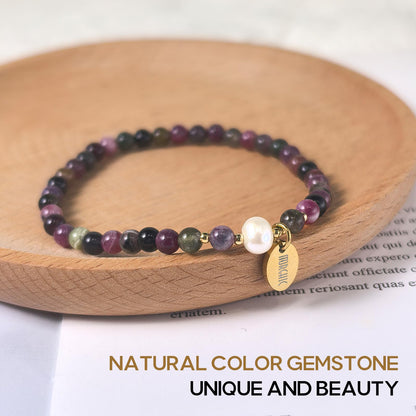 Morchic 4mm Natural Tourmaline Gemstone Beads Stretch Bracelet for Women, With Freshwater Pearls, Energy Gem Birthday Gift for Her 7.2”
