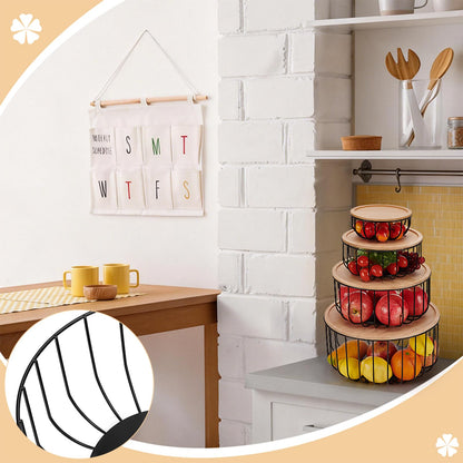 INTERWARM 4Pcs Fruit Basket for Kitchen Counter Set, 4 Size Round Fruit Basket with Wooden Lid Countertop Bin for Produce Fruits Lemon Banana Candy Snack in Office(Black)