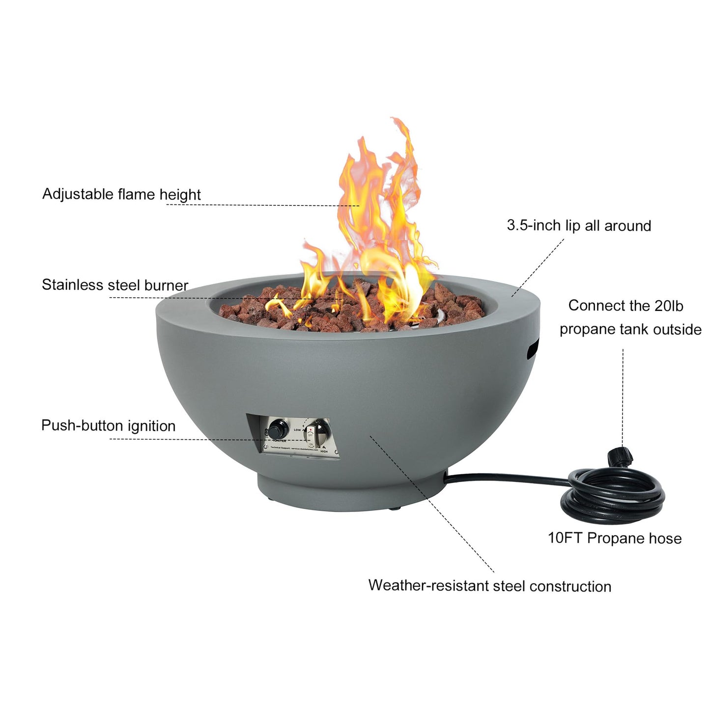 28-Inch Propane Fire Pit with Natural Gas Conversion Kit, 58,000 BTU Round Gas Fire Pit Table, Outdoor Fire Bowl Firepit with Lid, Lava Rocks, Cover, Pre-Attached 10 ft Propane Hose, Gray