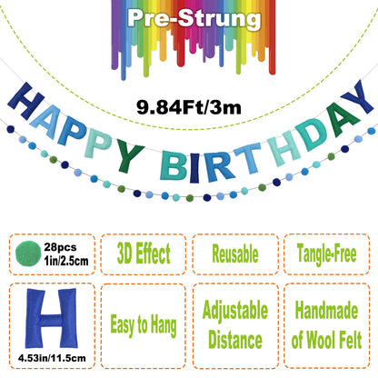 2 PCS Pre-Strung 3D Felt Happy Birthday Banner - Reusable Blue and Green Happy birthday Decorations Sign,Handmade Wool Felt Ball Garland, Pom Pom Garland, Party Decor, Photo Prop