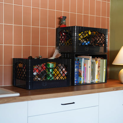 HORSESHOE STORAGE Stackable Milk Crates, 3 Pack, Kitchen Work Commercial Garage Totes, 24 Quart, Heavy Duty Plastic, Black, 19" L x 13" W 11" H