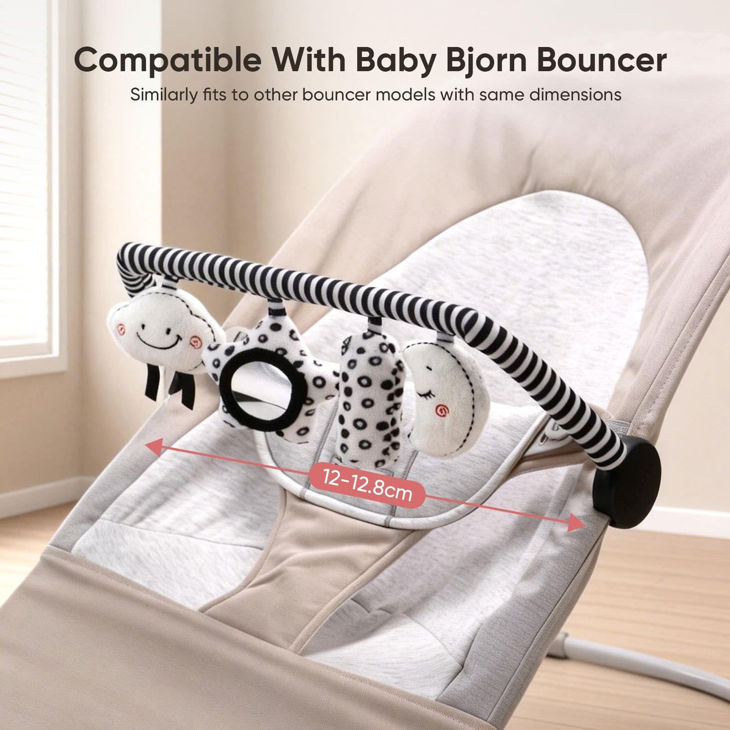 TinlyFinly Baby Bouncer Toy Bar Soft with 4 Hanging Sensory Toys Attachment, Compatible with Baby Bjorn Bouncer, with Mirror, Rattle, Crinkle Sound for Babies All Ages (Black and White Shapes)