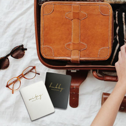 Mr&Mrs Gifts Matching Passport Holders for Bride and Groom, Hubby&Wifey Gold Foil Logo, Dual PU Leather with Card Pockets, Honeymoon Travel Essentials Gift for Newlyweds(HW Black White)