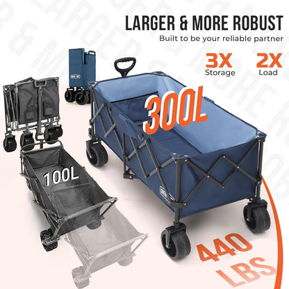 Overmont 45'' Collapsible Foldable Extended Wagon Cart - 300L Heavy Duty 440lbs Large Capacity Folding Utility Wagon with All-Terrain Wide Wheels for Camping Sports Grocery Beach