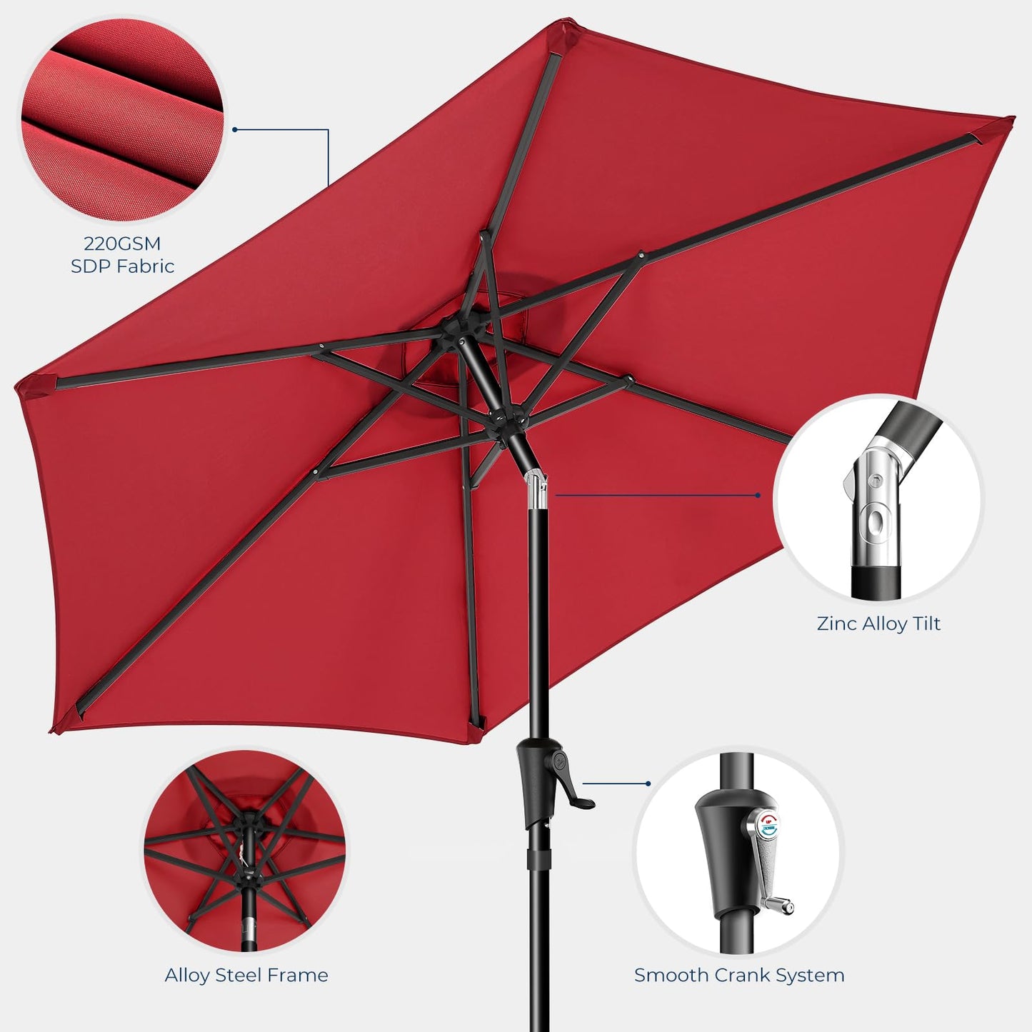 HOMSHADE 9ft Outdoor Patio Umbrella - Market Table Pool Deck Umbrella UPF50+ UV Protection with Push Button Tilt, Crank and 8 Sturdy Ribs (Red, No base)
