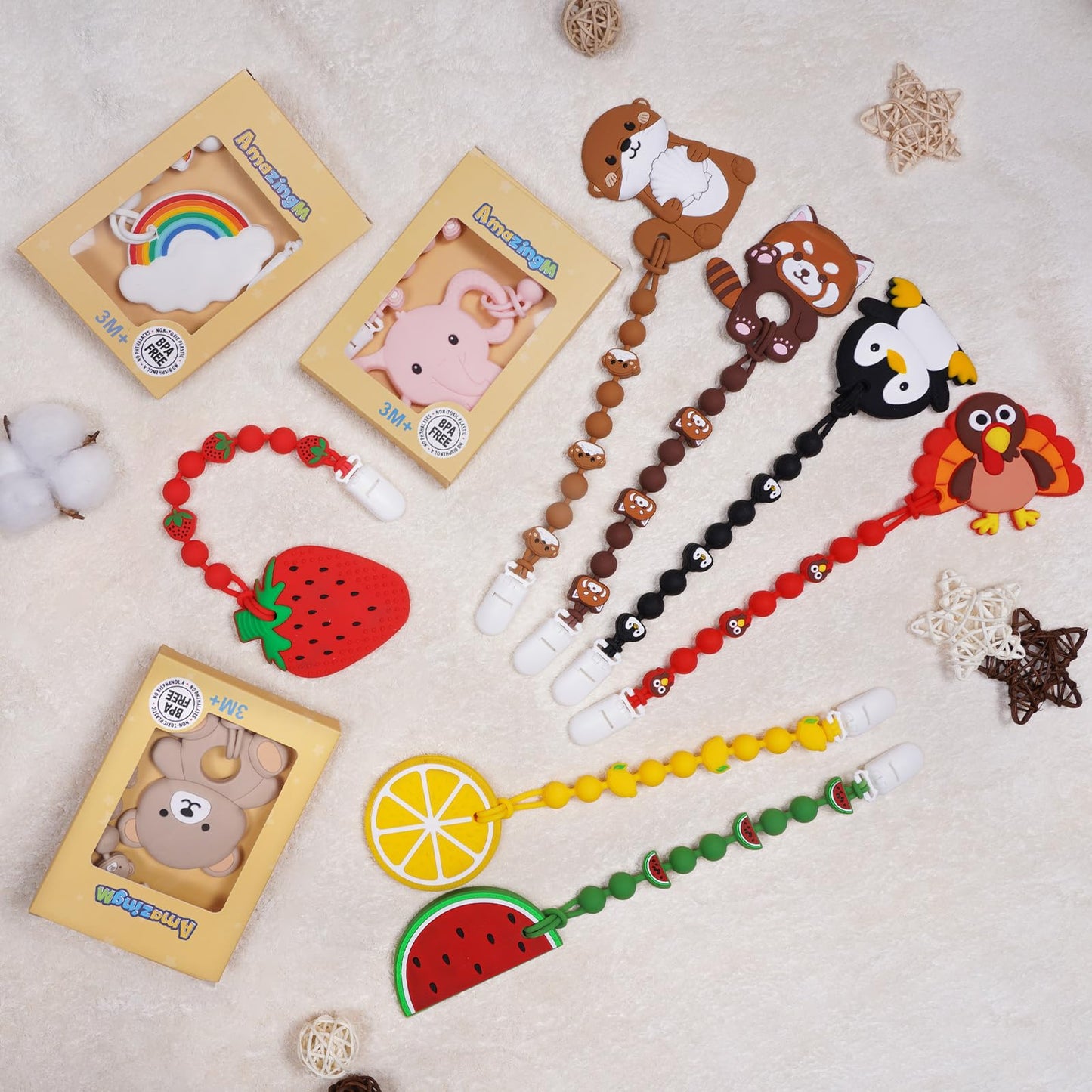 Cute Animal Baby Food Grade Silicone Teether Toy with One Piece Design Pacifier Clip Holder,Teething Pain Relief Toys Gift Set for 3 Months+ Boys and Girls,Freezer Safe,BPA Free (Penguin)