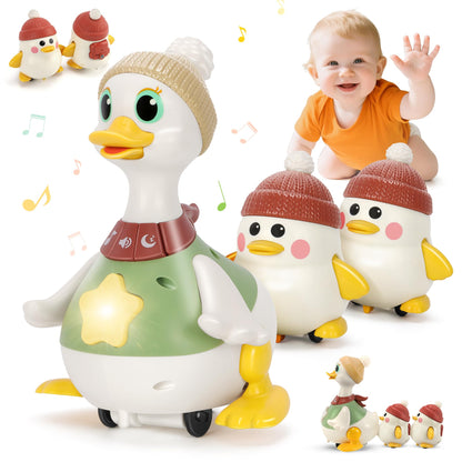 Hestiasko Baby Toys 6 8 10 12 Months, Tummy Time Duck Toy, Musical Dancing Duck Set with Lights & Sounds, Crawling and Interactive Sensory Learning Toy for Infants, Toddlers Gift for 1 Year Old Boy