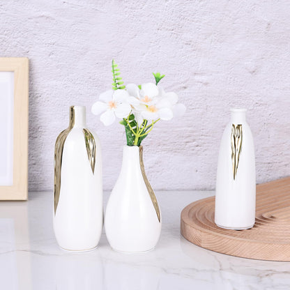 White and Gold Mini Ceramic Vase Set of 3, Small Ceramic Vase Set for Decorative, Bud Vases for Centerpieces Nightstand Kitchen, Boho Farmhouse Home Coffee Table Tray Decor