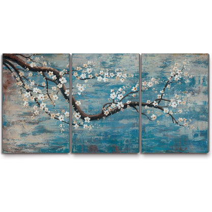 amatop Wall Art for Living Room 100% Hand-Painted Flower Oil Painting On Canvas Gallery Wrapped Large Framed Floral Plum Blossom Tree Teal Blue Artwork for Home Bedroom Decor 48"x24"