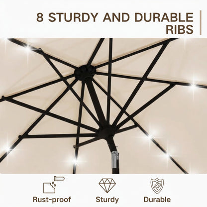 Kingdura 9FT Outdoor Patio Umbrella with Solar Lights, Market Table Umbrella with Push Button Tilt & Crank, 8 Sturdy Ribs, 32 LED Lights, UV Protection for Garden Lawn Deck Backyard Pool (Beige)