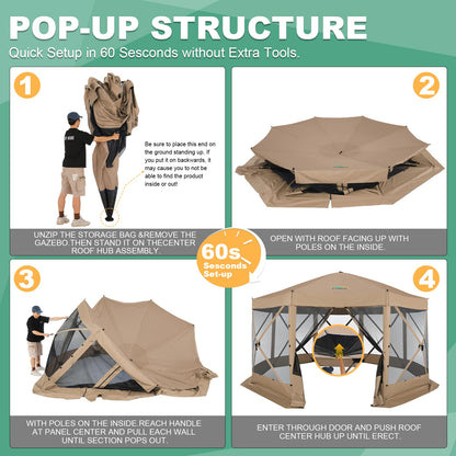 COBIZI 15x15 FT Pop Up Gazebo - Canopy Tent, Large Gazebos On Clearance, Hot tub Screened in Gazebo,carpas para Patio,Portable Screen Tents for 12-15 Persons Outdoor Camping, Backyard, Khaki