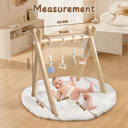 Wooden Baby Play Gym with Activity Mat, Foldable Baby Gym Frame with Hanging Sensory Toys for Newborn, Tummy Time Playground