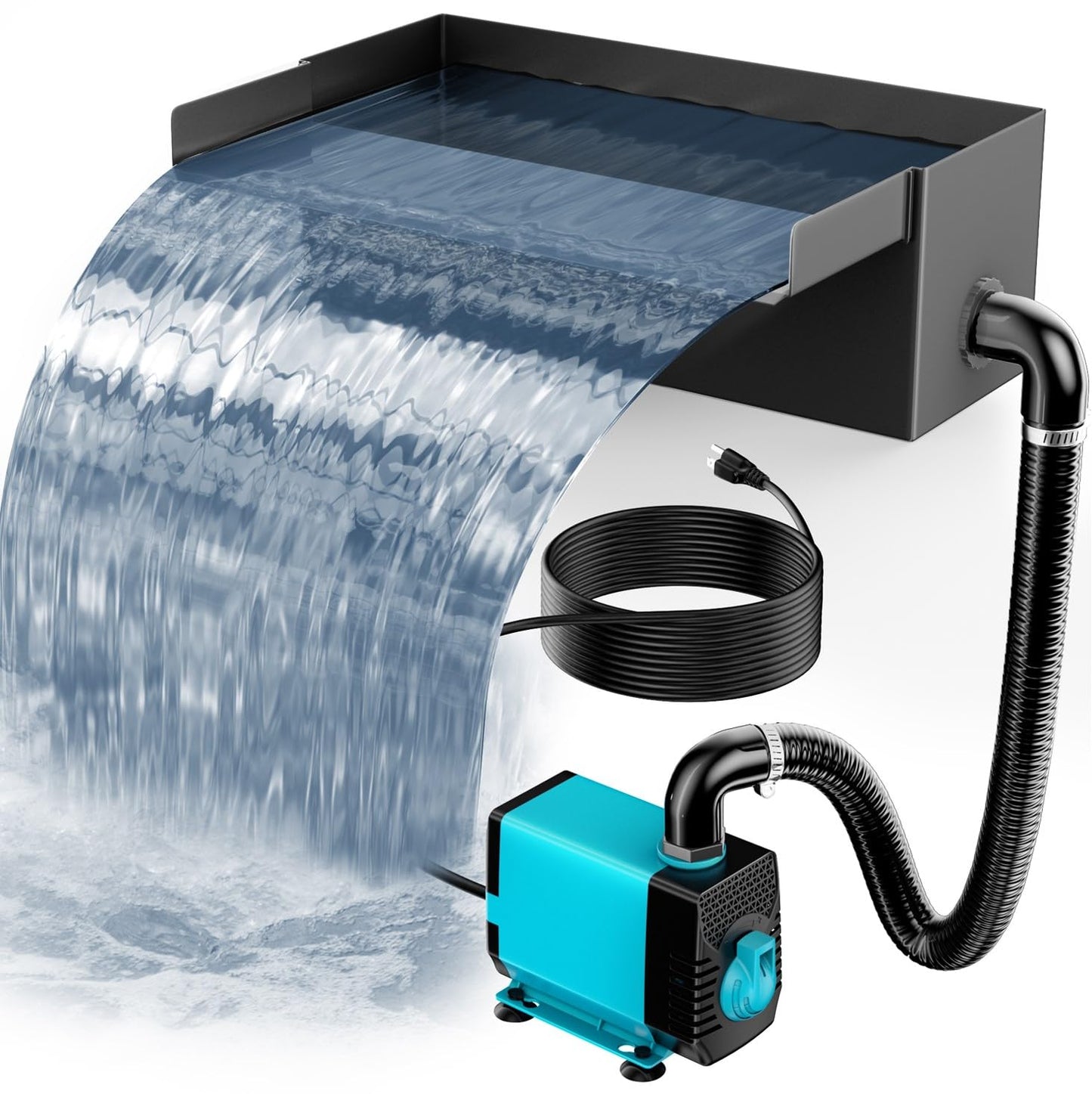 POPOSOAP Pond Waterfall Spillway with Pump Kit, 304 Stainless Steel Pond Waterfall Box, Pond Spillway with 9.8FT Corrugated Tubing for Garden Waterfall Water Features-8Inch-P42