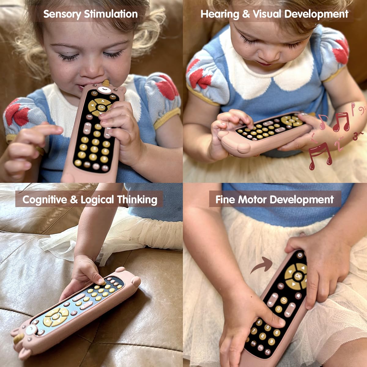 Nueplay Pretend Remote Control Toy for Toddlers with Light and Music-Includes 2 Washable Silicone Covers,Trilingual Number Learning in English,Spanish and French,Gifts for 1 Year Old Girls