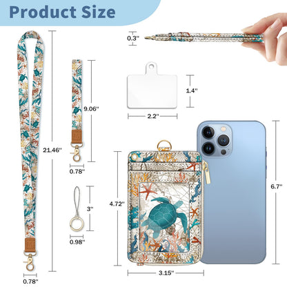 Mavellin Lanyard Wallet with Id Badge Holder, Sea Turtle RFID Small Keychain Wallet Women Wristlet, Cute Zipper Credit Card Holder Phone Wrist Neck Strap for Key Name Tag, Teacher Student Office Gifts