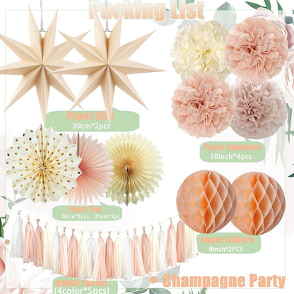 Champagne Beige Party Decoration,15PCS Champagne Boho Birthday Decorations for Women Men Girl Boy,Hanging Backdrop Decor for Engagement,Boho Wedding,Baby Shower,Bridal Shower,Garden Party