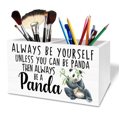 HYKDFMNCJ Panda Pen Holder for Desk, Inspirational Panda Wooden Box Sign Desk Decor for Home Office Decoration, Always Be Yourself Motivational Pencil Organizer, Pandas Lover Gifts