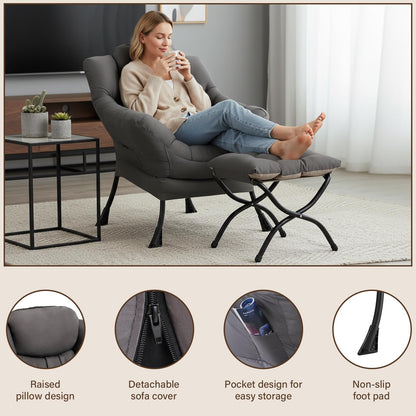 Welnow Lazy Chair with Ottoman, Modern Accent Chair with Armrests and a Side Pocket, Leisure Sofa Armchair, Reading Armchair with Footrest for Small Space, Dark Grey