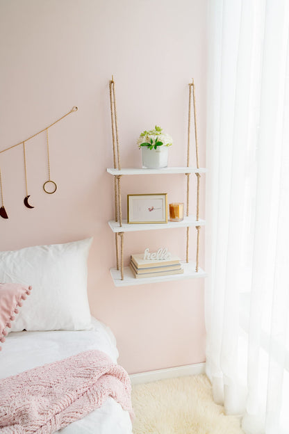 Mkono Hanging Shelves 3 Tier White Wood Wall Mount Floating Shelf with Rope Boho Decor for Living Room Bathroom Bedroom Kitchen Apartment - Rustic Wood Decorative Storage Shelf