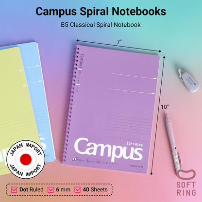 KOKUYO Spiral Lined Notebook, 5 Pack 10'' x 7'' Pastel Journal B5 Campus Soft Ring Notebooks with Dot 7 mm Ruled, 40 Sheets, 1 Subject Notebook, Note Taking for School. Japan Import (SU-S111AT)