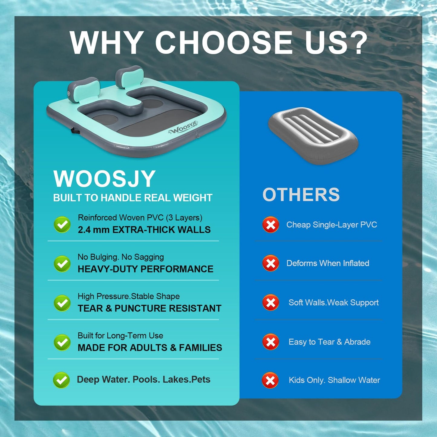 WOOSYJE 2 Person Water Hammock,Sunchill Float,Tanning Pool Floats for Adults,Heavy Duty Drop-Stitch with Mesh Bottom & Backrests,Inflatable Floating Island with Pump