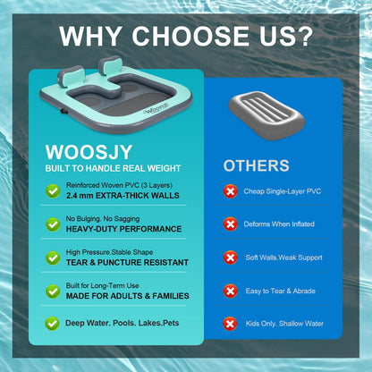 WOOSYJE 2 Person Water Hammock,Sunchill Float,Tanning Pool Floats for Adults,Heavy Duty Drop-Stitch with Mesh Bottom & Backrests,Inflatable Floating Island with Pump
