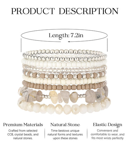 Noessla Boho Beaded Bracelets for Women Stackable Irregular Natural Stone Bead Stretch Bracelet Set 8PCS Costume Jewelry Gifts for Her(Beige)