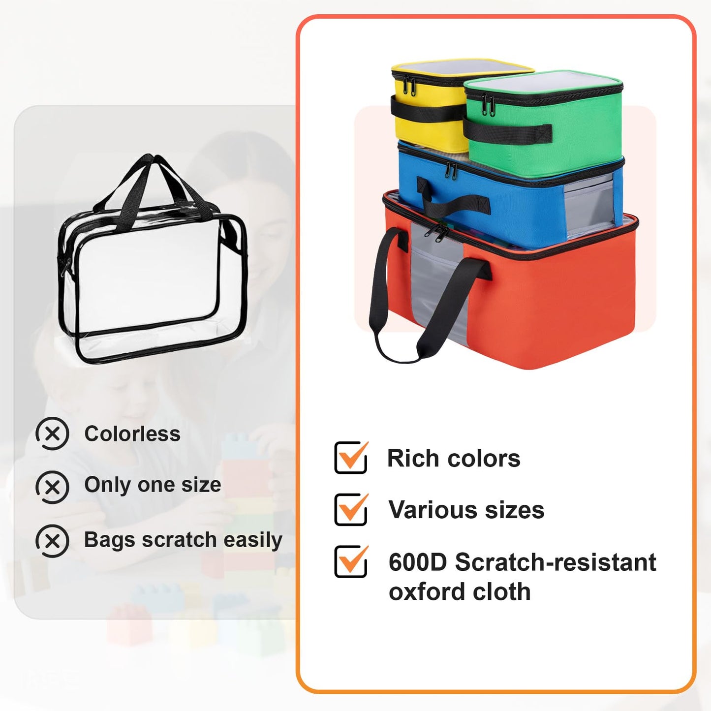 Wigojoy 4 PCS Magnetic Tiles Storage Bag, Toy Storage Bags With Visual Top Flap, Label Pocket and Mesh Pockets Fit for LEGO, Building Blocks, Magnetic Tiles, Toy Cars