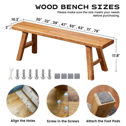 Narrow Entryway Bench Farmhouse Wood End of Bed Bench 20" 32" 39" 47" 55" 63" 71" 79" Sturdy Stable Skinny Long Benchs for Bedroom Hallway Dining Room Porch Easy to Assemble Natural Finish(55")