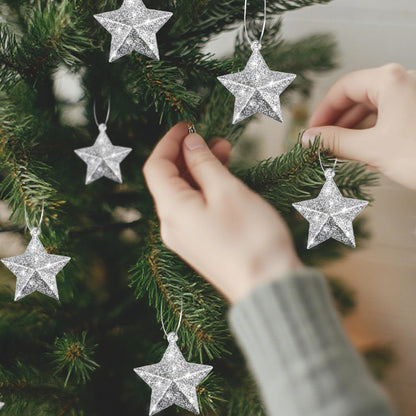 Shappy 48 Pcs Glitter Star Ornaments Christmas Tree Mini Hanging Stars Christmas Decorations Plastic Festive Embellishments for Holiday Party Weddings Home Decoration (Silver)