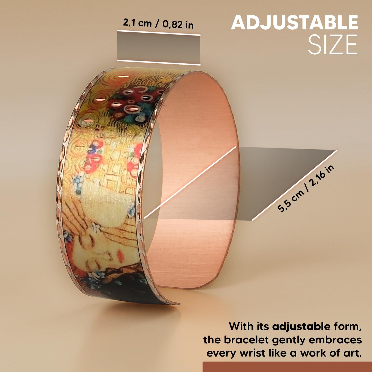 Moreni Copper Bracelet for Women – Handmade Engraved Cuff Inspired by “The Kiss” – Artistic Pure Copper Jewelry with Gift Wooden Box