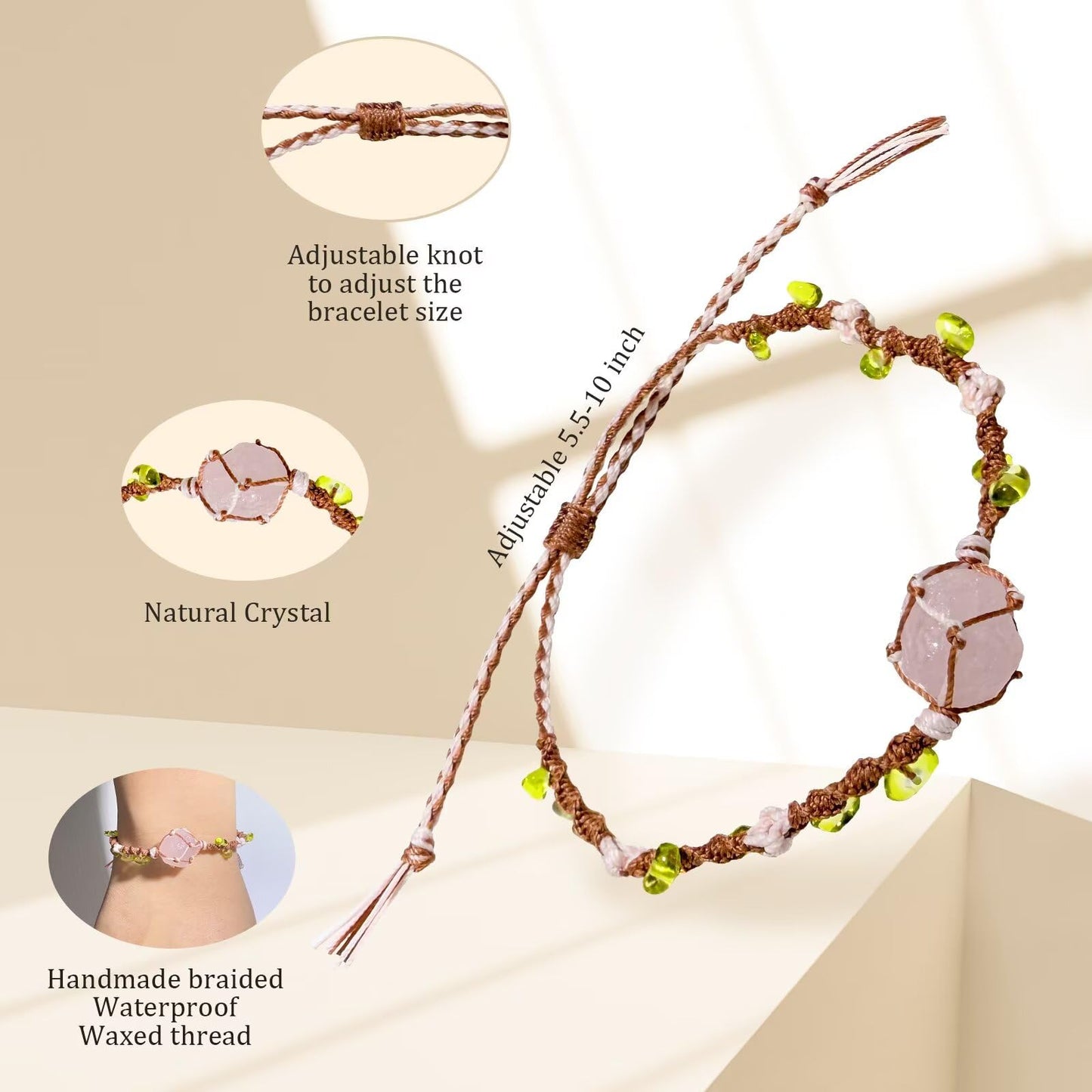 OKQEF Rose Quartz Bracelet Crystal Bracelets for Women Graduation Bracelet Mothers Day Adjustable Braided Natural Crystal Healing Raw Stone Bracelets