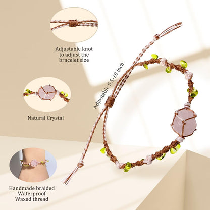 OKQEF Rose Quartz Bracelet Crystal Bracelets for Women Graduation Bracelet Mothers Day Adjustable Braided Natural Crystal Healing Raw Stone Bracelets