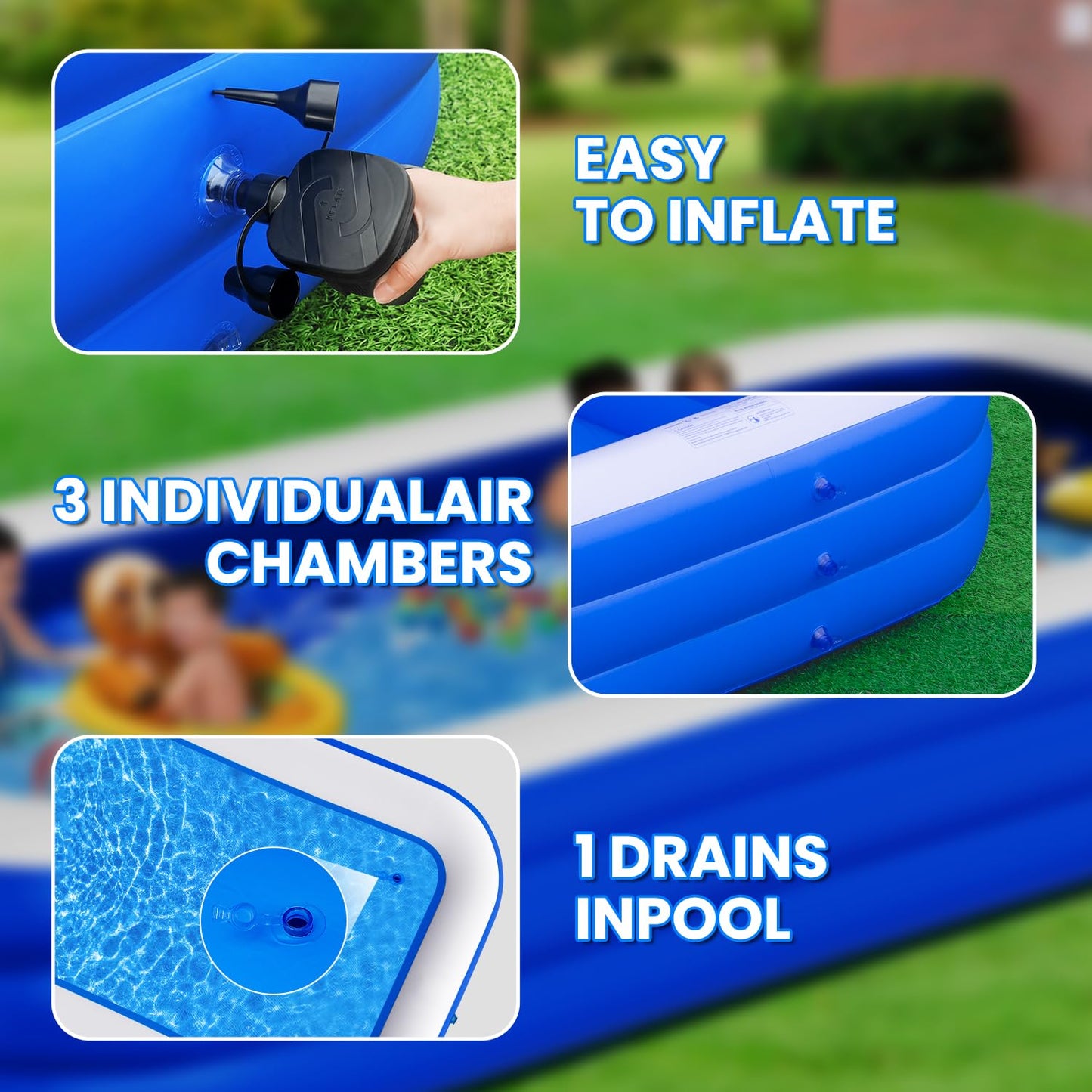 Oversized Inflatable Pool for Adults, 145" x 74" x 22" Extra Large Blow Up Family Swimming Pool, Durable Thickened Above Ground Pool for Backyard, Outdoor, Garden, Summer Water Party