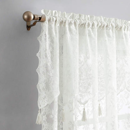Warm Home Designs Pair of 2 Ivory Color Long Length 54” (W) x 96” (L) Semi Sheer Lace Curtain Panels & Attached Matching Valances with 6 Tassels. Classic Elegant English Rose Pattern. L Ivory 96”
