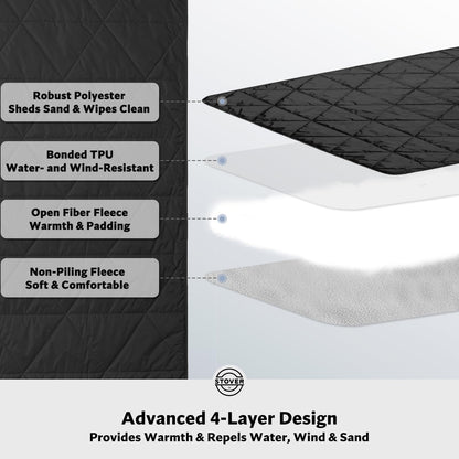 STOVER Large Waterproof Outdoor Stadium Blanket- Extra Thick Soft Fleece Camping Blanket for Travel, Picnics, Sports, Dogs- 79"x55", Warm, Windproof, Sand-Proof, Lightweight, Packable (Stadium Black)