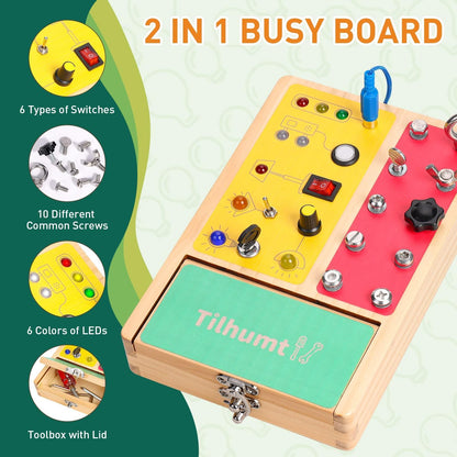 Tilhumt Busy Board with LED Light, 2-in-1 Montessori Screwdriver Board Set with 6 LED Light Switches, Toddler Montessori Switch Fidget Board with Lockable Toolbox, Travel Activity Toys for Outdoor