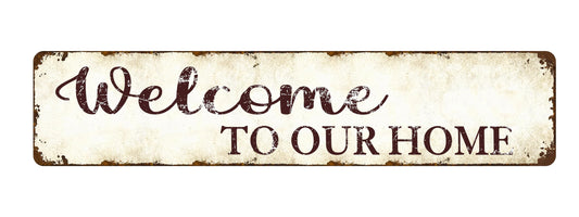 Outdoor Metal Welcome Sign - Welcome to Our Home - 16"x4" Weather-Resistant Front Door Decor - Rustic Porch Sign for Housewarming Gifts, Garden, Farmhouse - Country-Style Durable Metal Wall Art