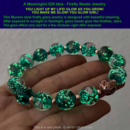 ARTSY Crafts Glow in The Dark Firefly Beads Bracelets, Ocean Blue Luminous Murano Glass Beads Jewelry Mermaid Crystals Healing Inspirational Bracelet Bangle (Ocean Blue, Wrist 6-7 in)