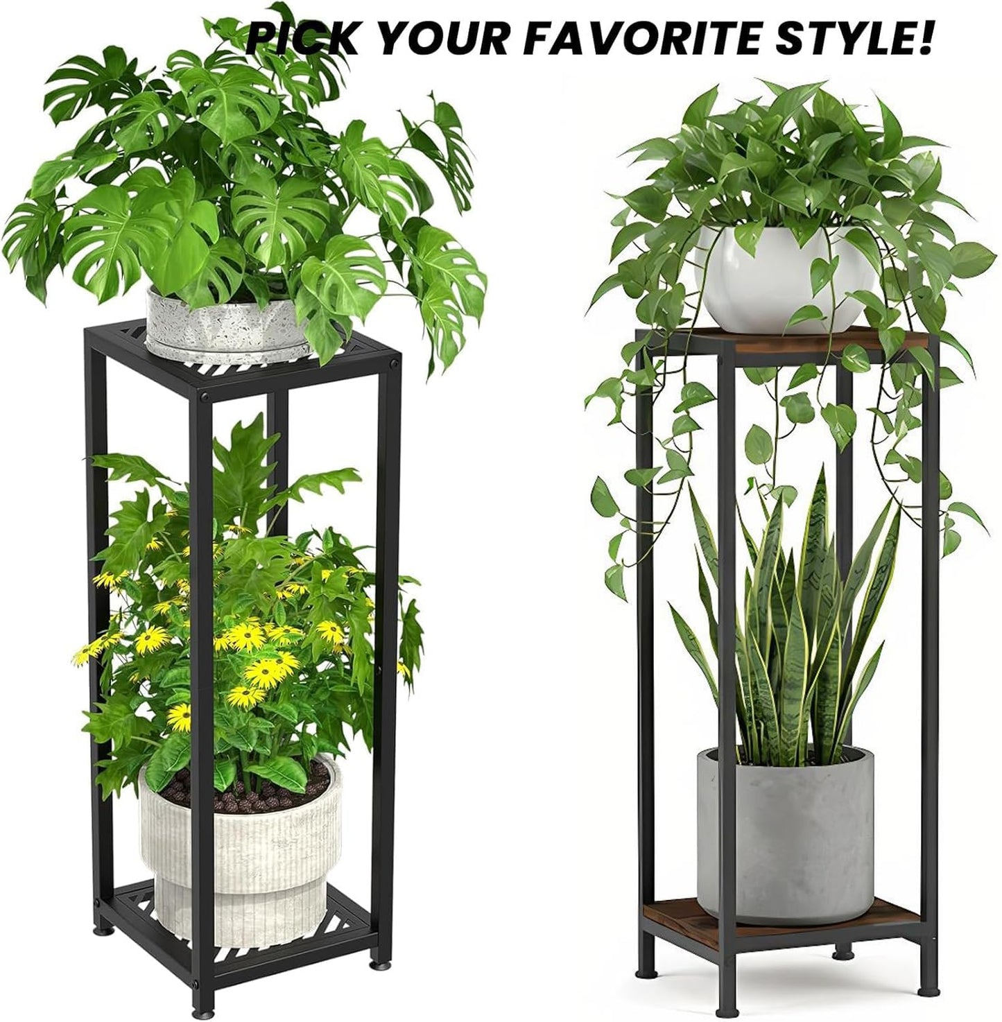 TOSKING 30" Tall 2-Tier Indoor Plant Stand (Holds 160 lbs) – Heavy Duty Black Metal Frame with Rustic Brown Wood Shelves for Balcony, Patio, Garden, Living Room, Indoor & Outdoor