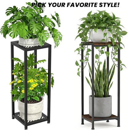 TOSKING 30" Tall 2-Tier Indoor Plant Stand (Holds 160 lbs) – Heavy Duty Black Metal Frame with Rustic Brown Wood Shelves for Balcony, Patio, Garden, Living Room, Indoor & Outdoor