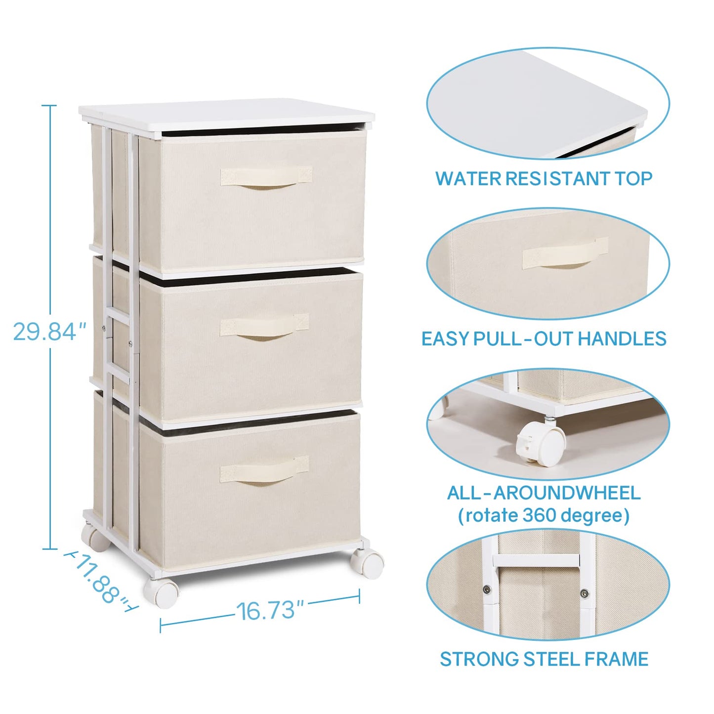 MAX Houser Dresser Tower with 3 Drawers for Bedroom, Fabric Storage Organizer Unit, Chest of Drawers with with WoodTop, Small Vertical Storage for Guest Room, Closet, Entryway, Nursery(Beige)
