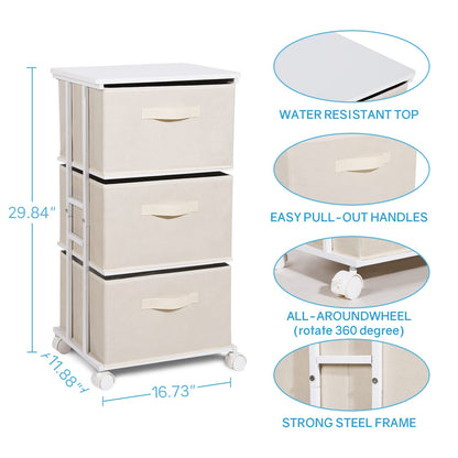 MAX Houser Dresser Tower with 3 Drawers for Bedroom, Fabric Storage Organizer Unit, Chest of Drawers with with WoodTop, Small Vertical Storage for Guest Room, Closet, Entryway, Nursery(Beige)