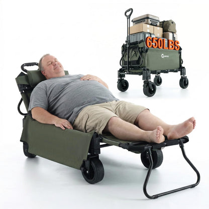 2-in-1 Beach Wagon Cart, Folding Collapsible Wagon with Large Capacity, Converts to Lounge Chair, All-Terrain 360° Swivel Wheels, Heavy-Duty Carbon Steel Wagon for Beach, Camping & Garden-Green