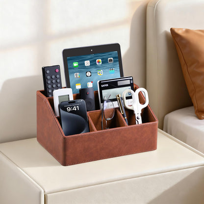 MEIBOOCH PU Leather Desk Organizer, Luxury Remote Control Holder for Home, Office Desk Accessories Table Caddy Bedside Nightstand Organizer (Brown)