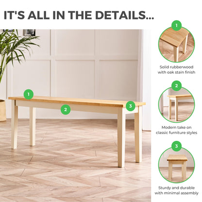 Furniturebox UK Large Wood Dining Bench - Tenby Cream Wood Indoor Bench Stool - Dining Kitchen Bedroom - Pale Oak Stain Seat Cream Legs Take on Traditional Farmhouse Dining Furniture