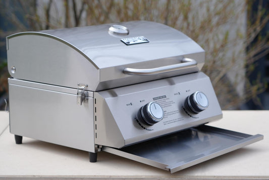 Monument Grills Tabletop Propane Gas Grill for Outdoor Portable Camping Cooking with Travel Locks, Stainless Steel High Lid, and Built in Thermometer