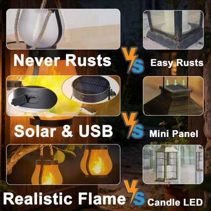 Yomistar Solar Lanterns Outdoor Waterproof 2 Pack Hanging Solar Lantern with Flickering Flame, Solar Flame Lantern with USB Charging, Decorative Lanterns Lights for Yard Porch Camping Patio